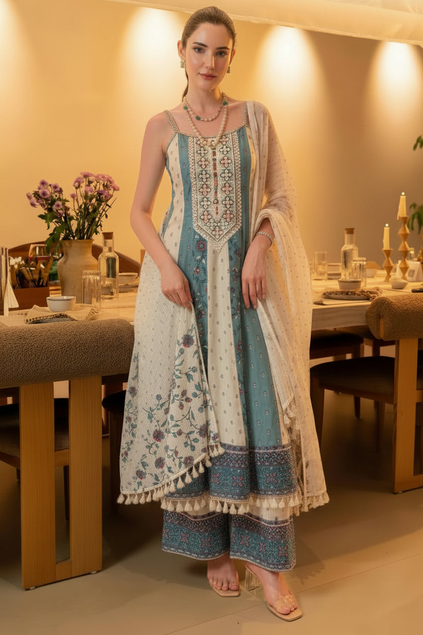 Blue Thread Embellished Cotton Blend Anarkali Set