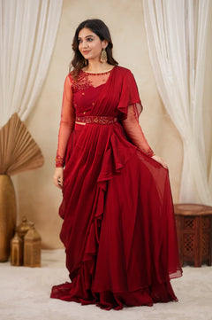 Premium Red Designer Pre-Draped Lehenga Set with Embellished Blouse & Hand-Worked Belt