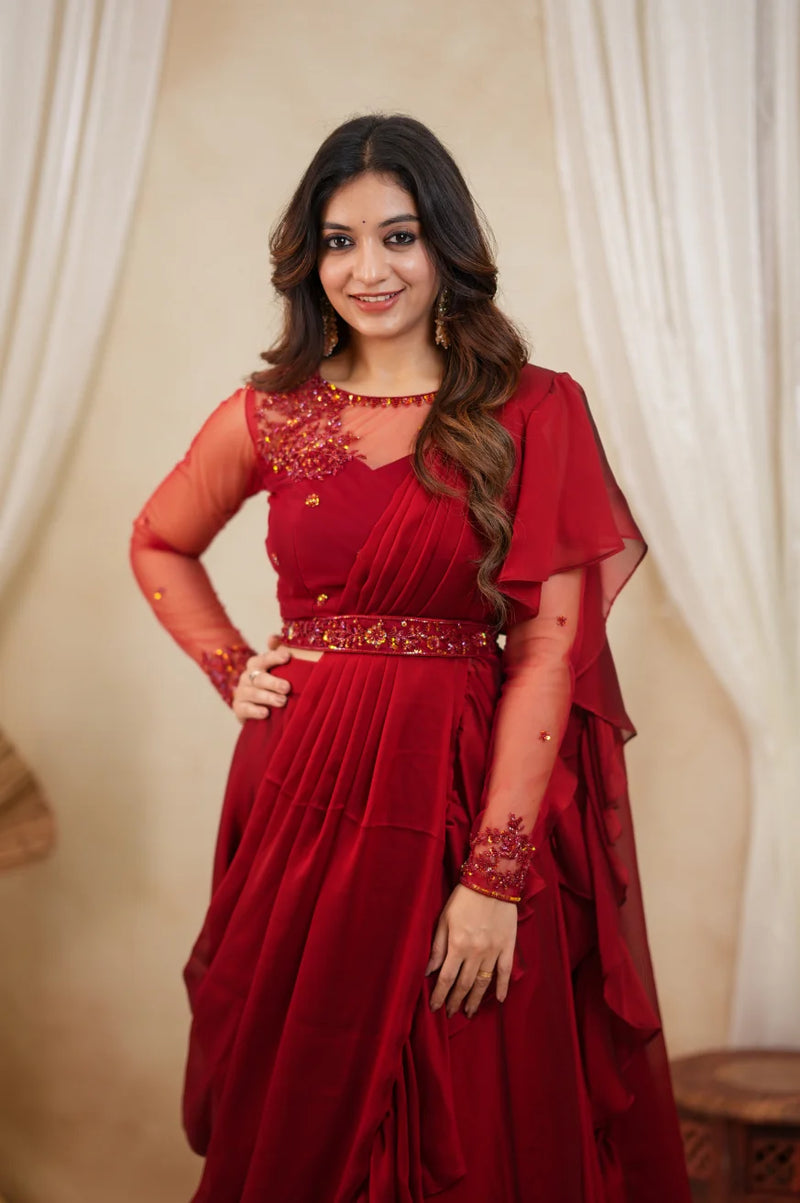 Premium Red Designer Pre-Draped Lehenga Set with Embellished Blouse & Hand-Worked Belt