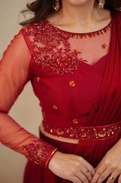 Premium Red Designer Pre-Draped Lehenga Set with Embellished Blouse & Hand-Worked Belt