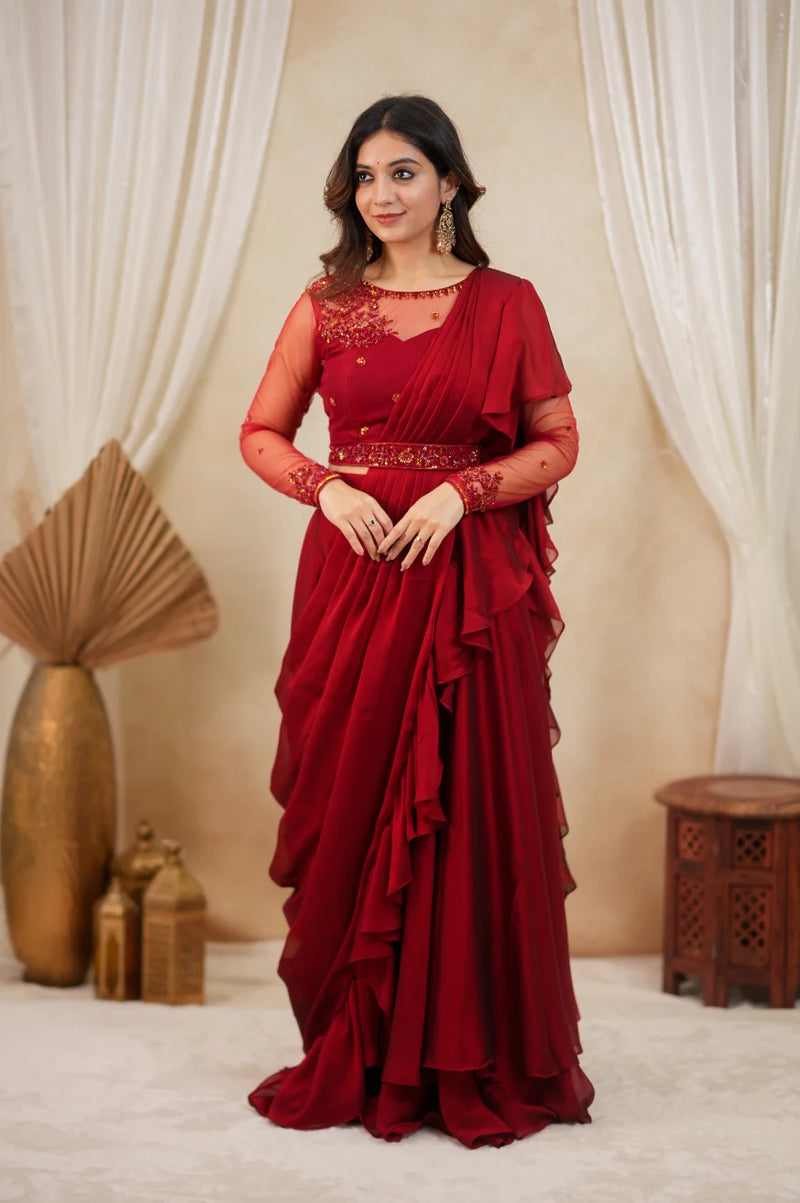 Premium Red Designer Pre-Draped Lehenga Set with Embellished Blouse & Hand-Worked Belt