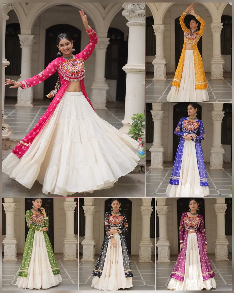 Navratri Royal  Embroidered Jacket Lehenga Set with White Flared Skirt