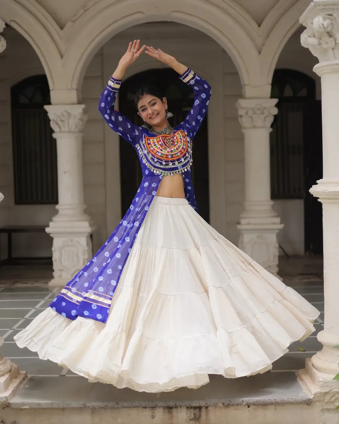 Navratri Royal  Embroidered Jacket Lehenga Set with White Flared Skirt
