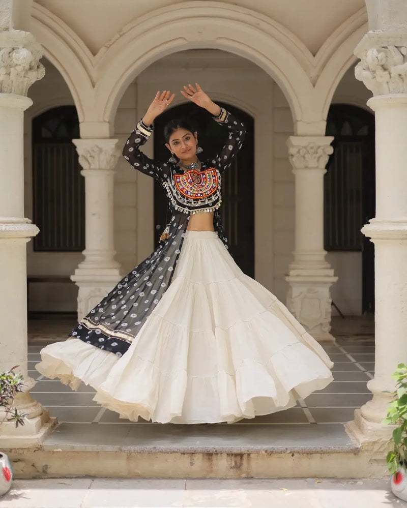 Navratri Royal  Embroidered Jacket Lehenga Set with White Flared Skirt