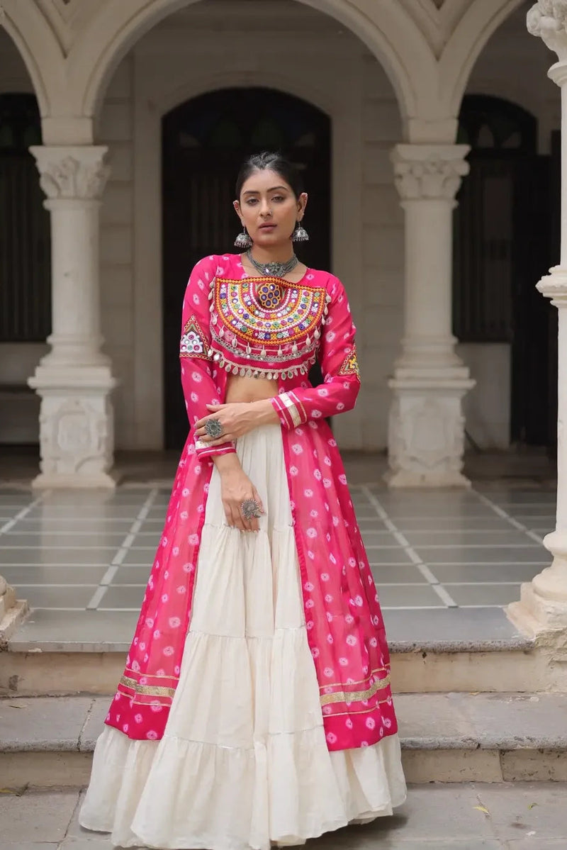 Navratri Royal  Embroidered Jacket Lehenga Set with White Flared Skirt