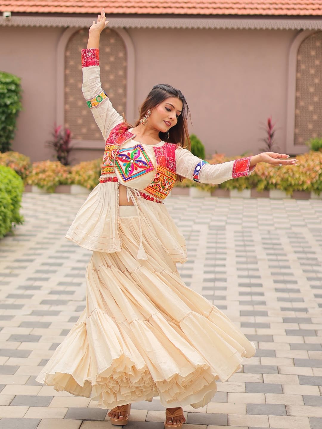 Ivory Navratri Lehenga Set with Multicolor Embroidered Blouse