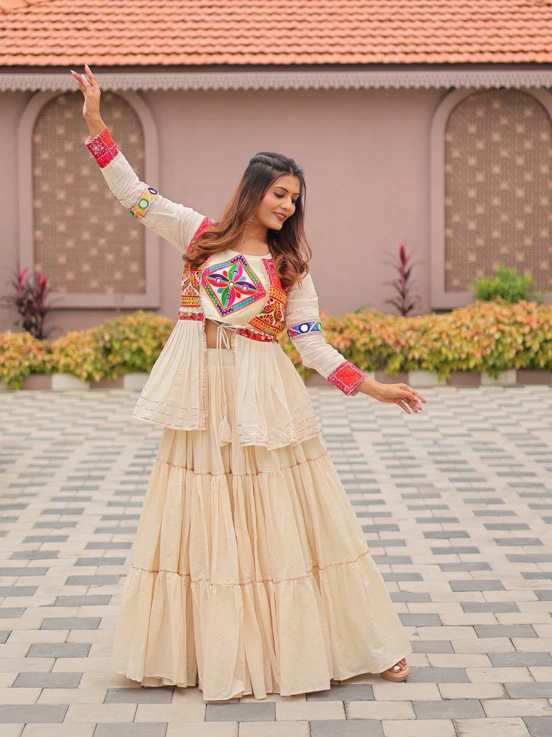Ivory Navratri Lehenga Set with Multicolor Embroidered Blouse