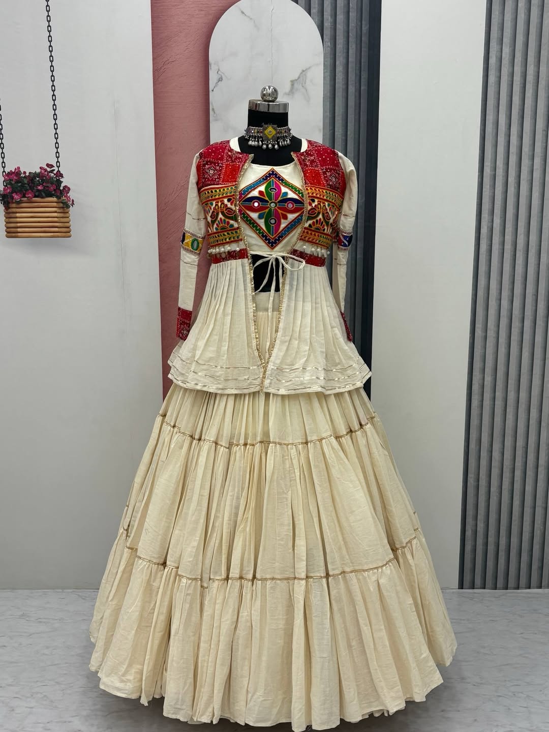 Ivory Navratri Lehenga Set with Multicolor Embroidered Blouse