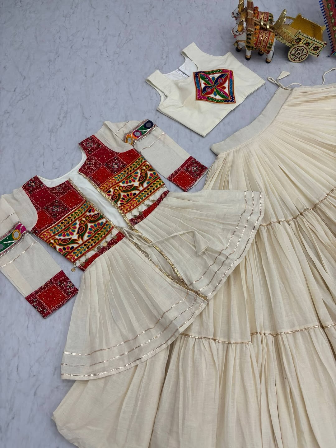 Ivory Navratri Lehenga Set with Multicolor Embroidered Blouse