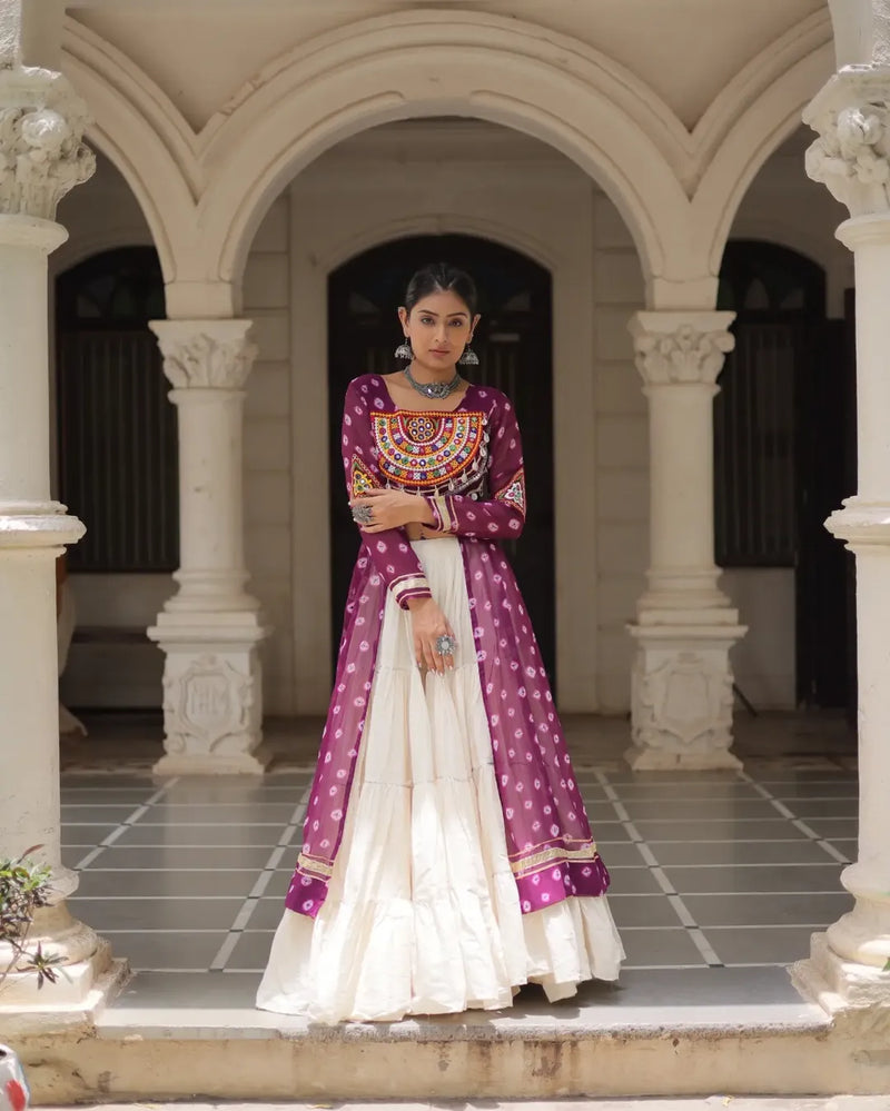 Navratri Royal  Embroidered Jacket Lehenga Set with White Flared Skirt
