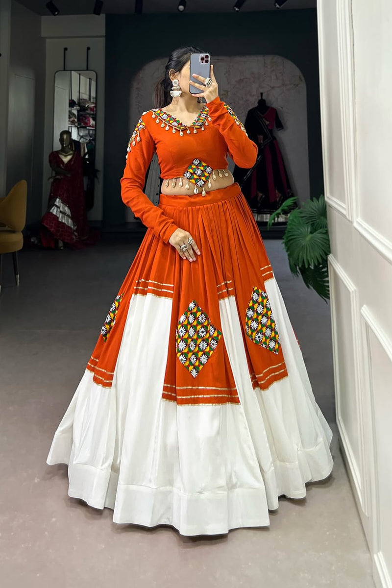 Orange & Ivory Navratri Lehenga Set with Mirror Work Blouse