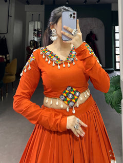 Orange & Ivory Navratri Lehenga Set with Mirror Work Blouse