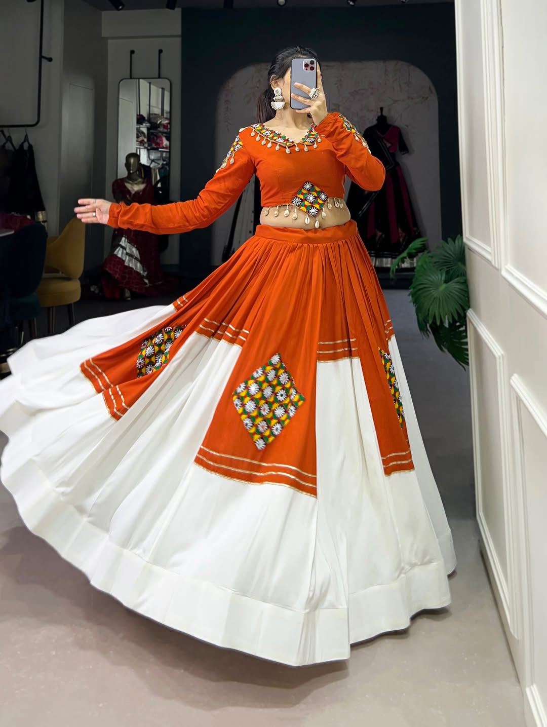 Orange & Ivory Navratri Lehenga Set with Mirror Work Blouse