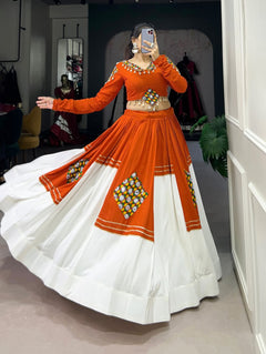 Orange & Ivory Navratri Lehenga Set with Mirror Work Blouse