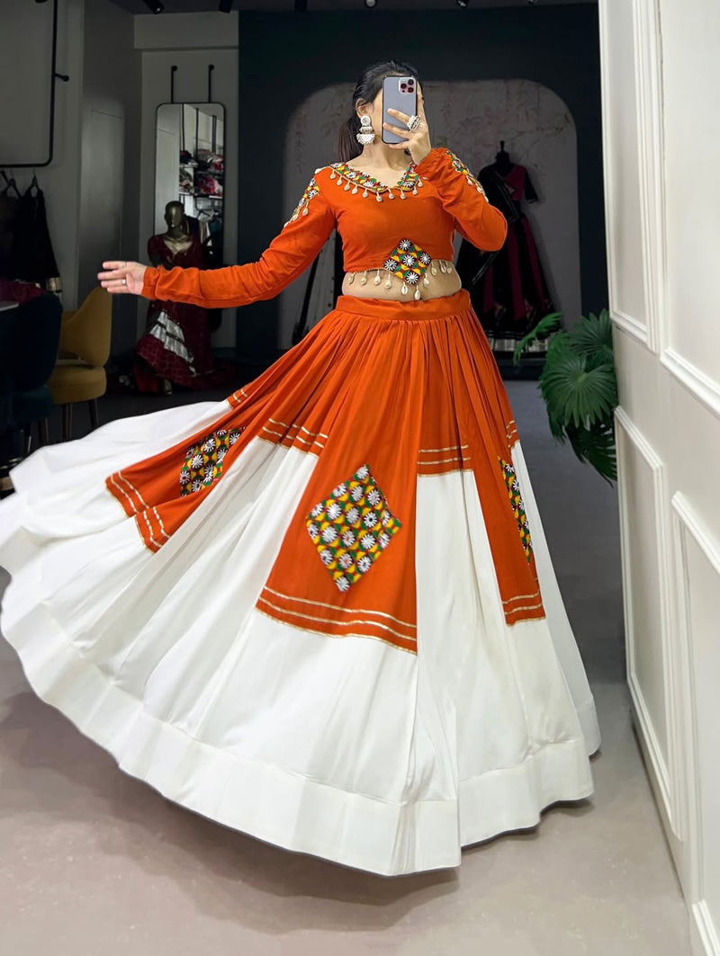 Orange & Ivory Navratri Lehenga Set with Mirror Work Blouse