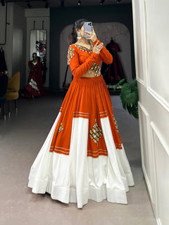 Orange & Ivory Navratri Lehenga Set with Mirror Work Blouse