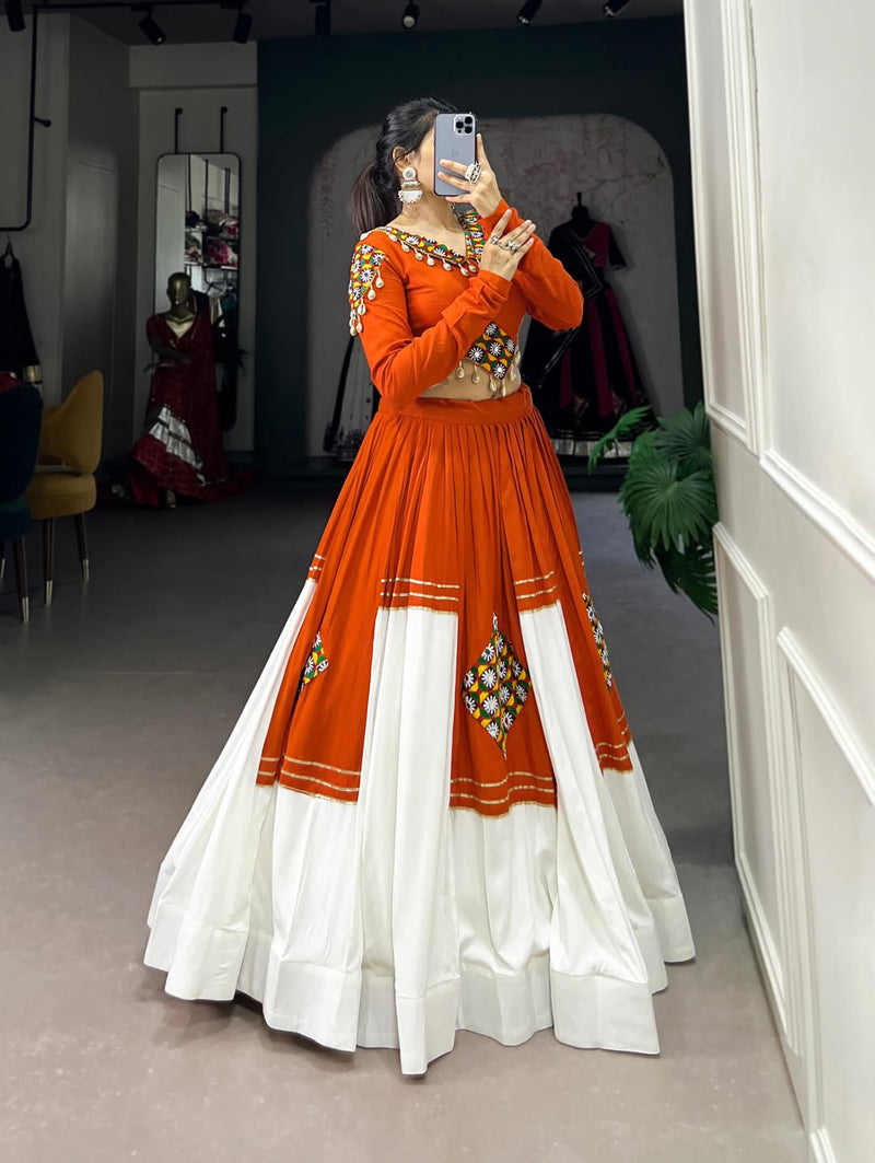 Orange & Ivory Navratri Lehenga Set with Mirror Work Blouse