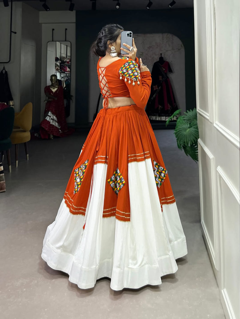 Orange & Ivory Navratri Lehenga Set with Mirror Work Blouse