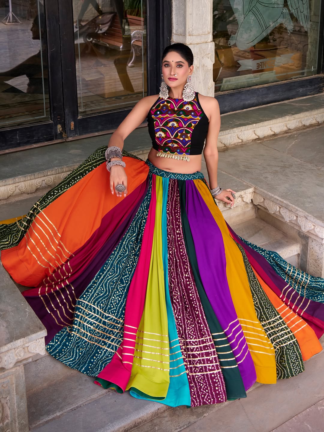 Multicolor Navratri Lehenga Set with Embroidered Halter Blouse