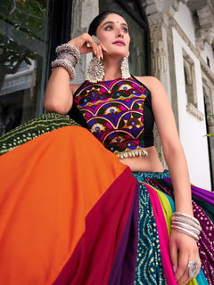 Multicolor Navratri Lehenga Set with Embroidered Halter Blouse