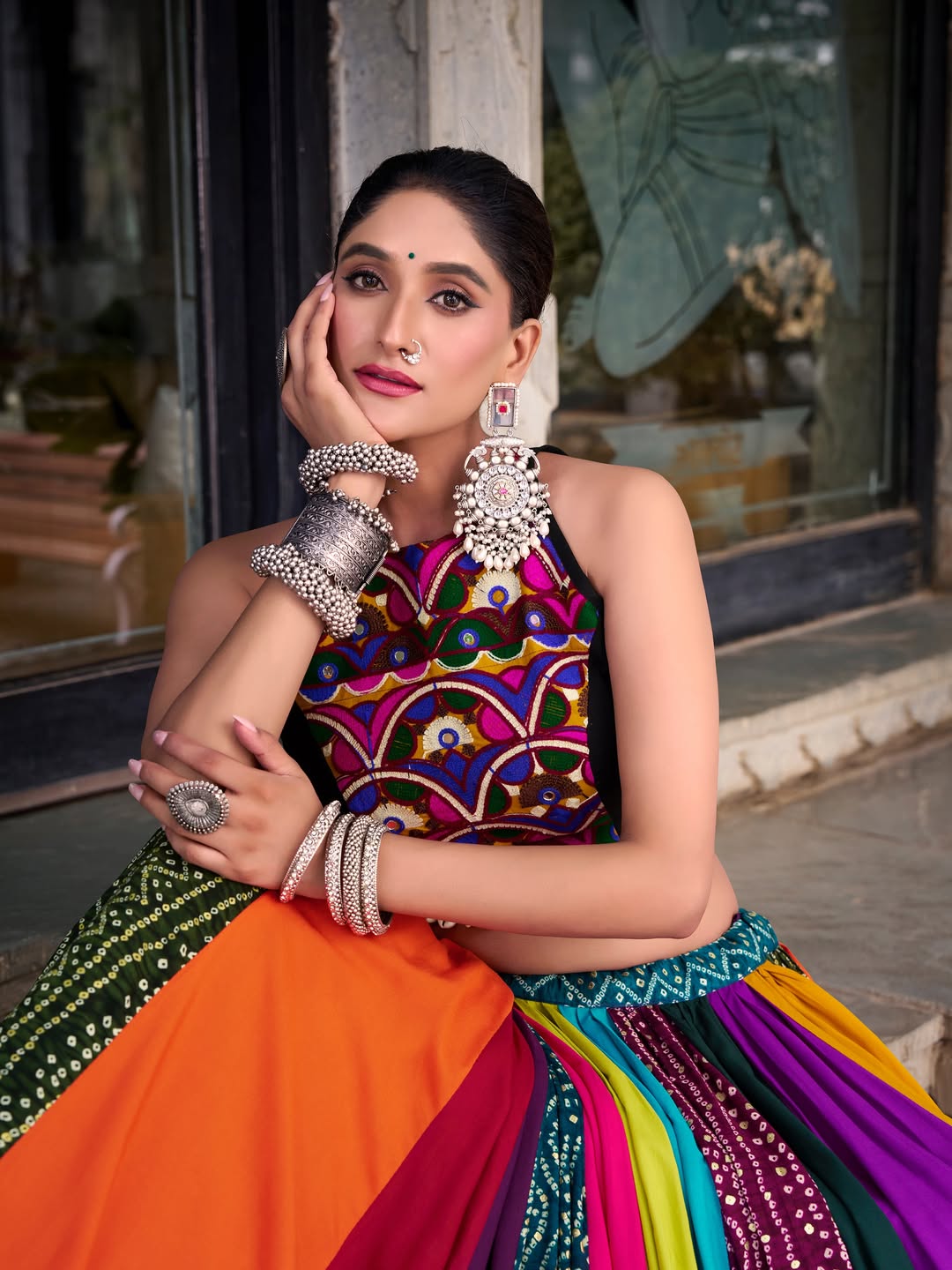 Multicolor Navratri Lehenga Set with Embroidered Halter Blouse
