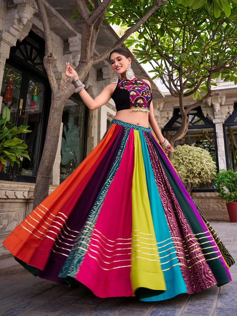 Multicolor Navratri Lehenga Set with Embroidered Halter Blouse