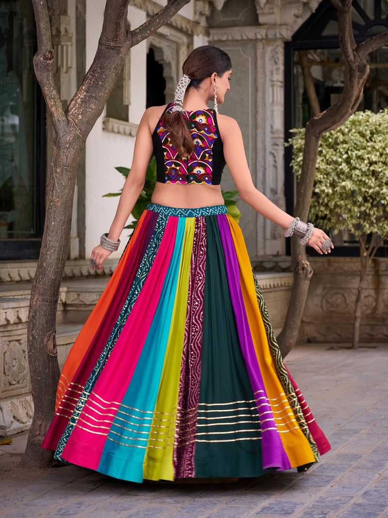 Multicolor Navratri Lehenga Set with Embroidered Halter Blouse
