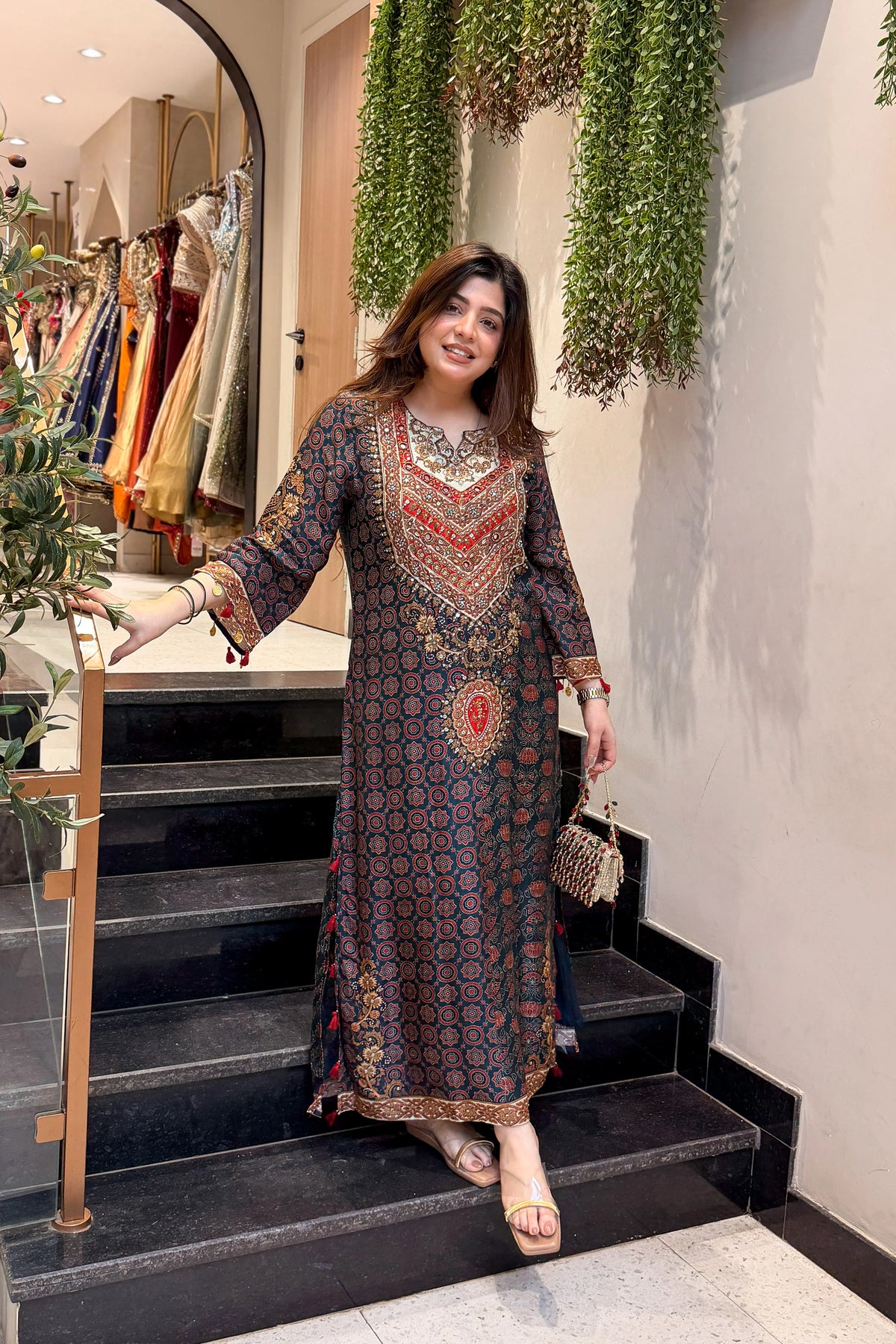 Vanya Printed Long Kaftan Plazo Set