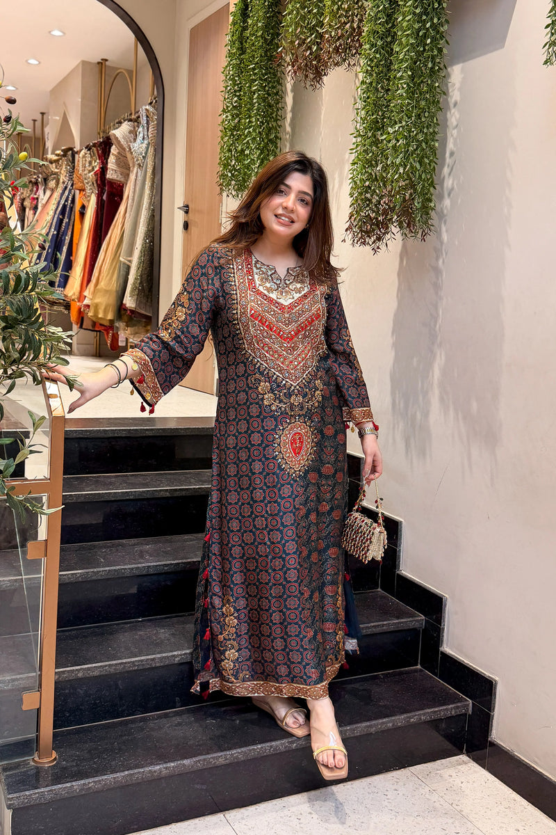 Vanya Printed Long Kaftan Plazo Set