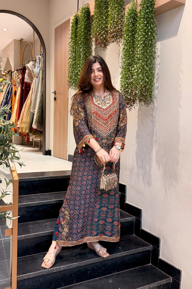 Vanya Printed Long Kaftan Plazo Set