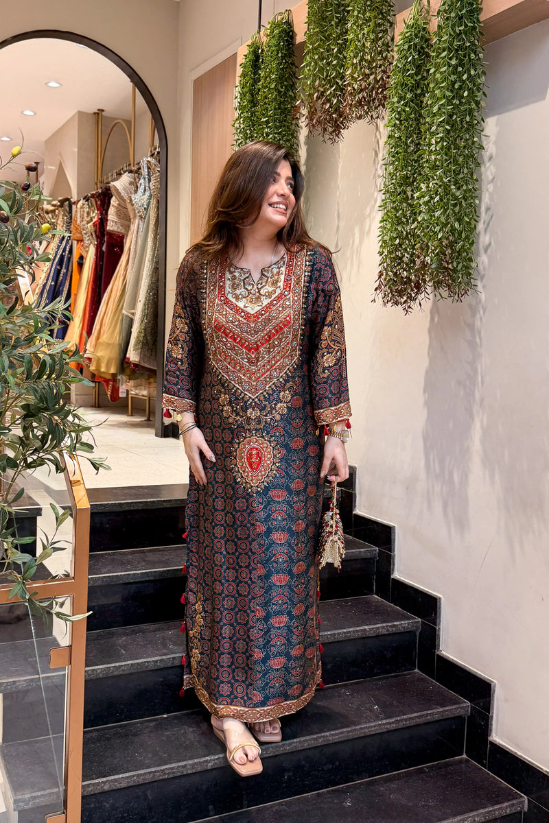 Vanya Printed Long Kaftan Plazo Set