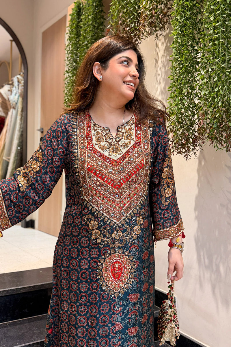 Vanya Printed Long Kaftan Plazo Set