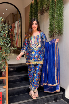 Women's Printed & Embroidered Silk Suit Set with Dupatta