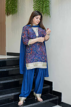 Royal Blue Printed & Lace Detailing Suit Set