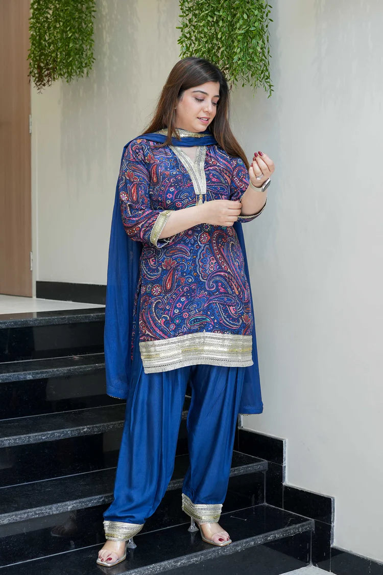 Royal Blue Printed & Lace Detailing Suit Set