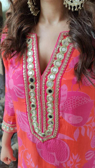 Muslin Pink Floral Punjabi Dhoti Kurta