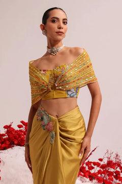 Pure Satin Yellow Embroidered Skirt Set