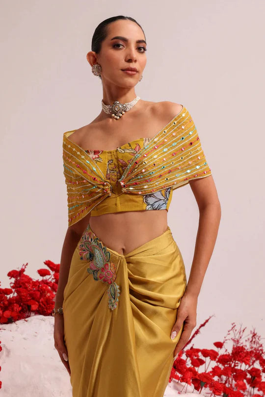 Pure Satin Yellow Embroidered Skirt Set