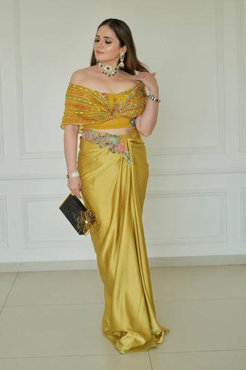 Pure Satin Yellow Embroidered Skirt Set