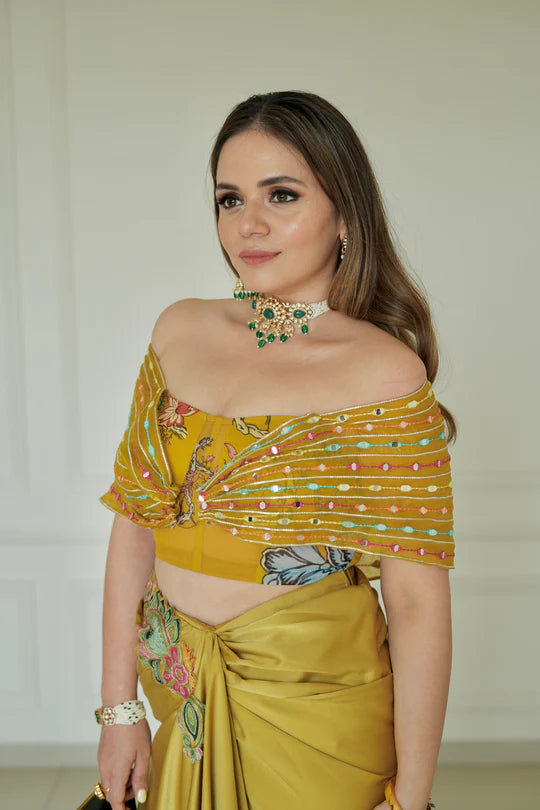 Pure Satin Yellow Embroidered Skirt Set