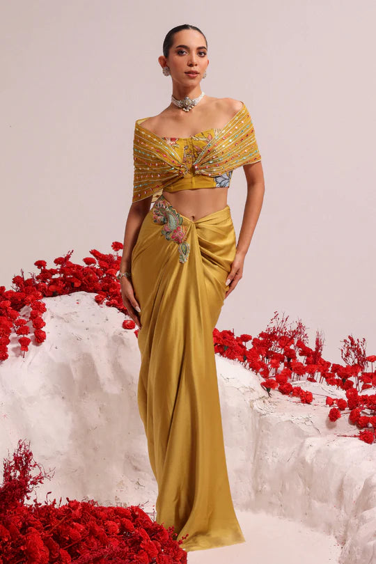 Pure Satin Yellow Embroidered Skirt Set