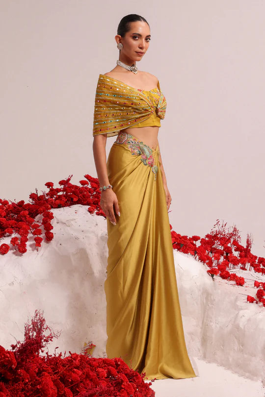 Pure Satin Yellow Embroidered Skirt Set