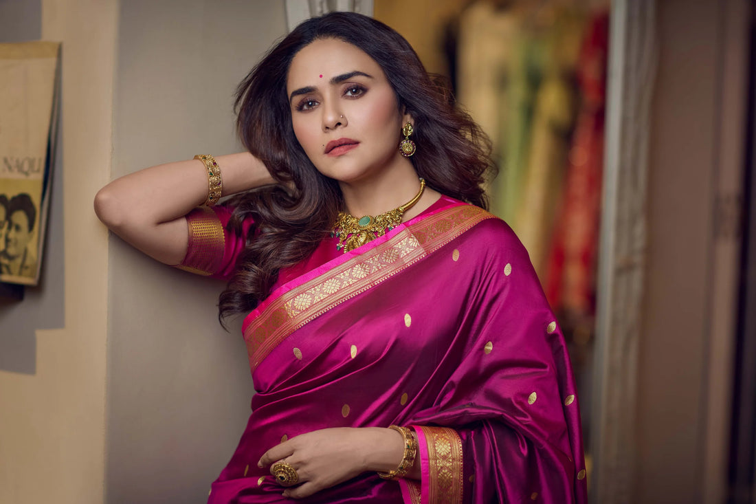 Pure Silk Jijamata  Saree – Rani Pink with Gold Zari Border