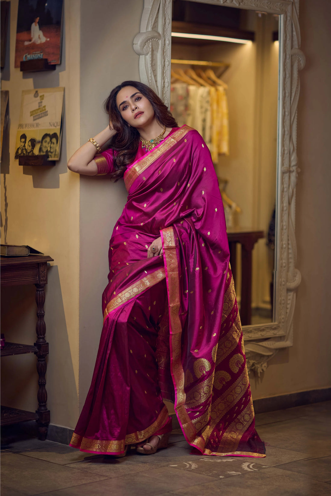 Pure Silk Jijamata  Saree – Rani Pink with Gold Zari Border