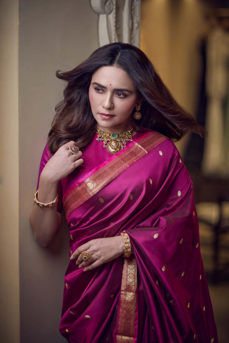 Pure Silk Jijamata  Saree – Rani Pink with Gold Zari Border