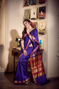 Pure Silk Jijamata  Saree – Rani Pink with Gold Zari Border