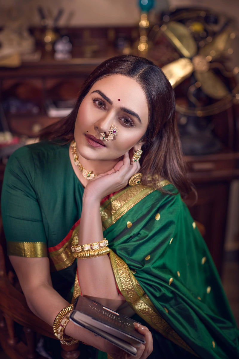 Pure Silk Jijamata  Saree – Rani Pink with Gold Zari Border