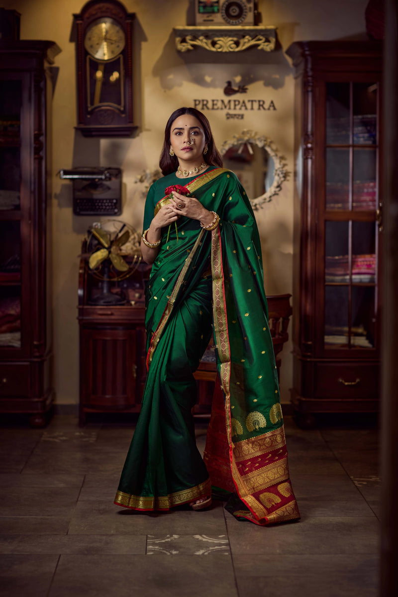 Pure Silk Jijamata  Saree – Rani Pink with Gold Zari Border
