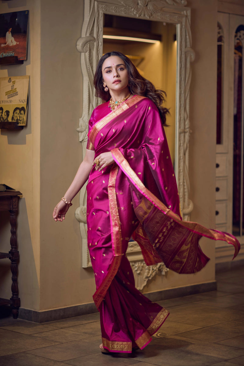 Pure Silk Jijamata  Saree – Rani Pink with Gold Zari Border
