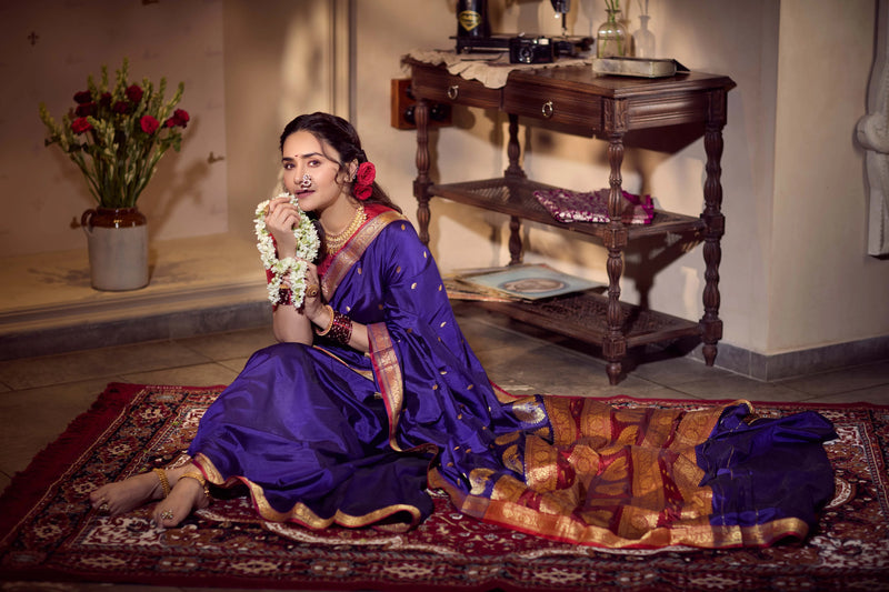 Pure Silk Jijamata  Saree – Rani Pink with Gold Zari Border